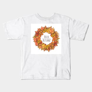 Hello Autumn Theme with Leaf Wreath Kids T-Shirt